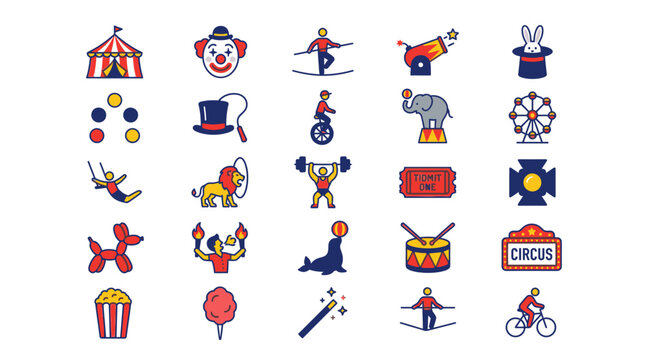 Colorful circus icons and symbols.