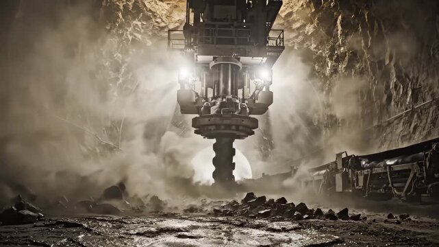 Massive industrial drill bores through solid rock deep underground for new subway line construction