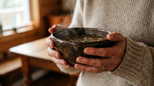 Person holding a steaming bowl of hearty soup in a rustic setting