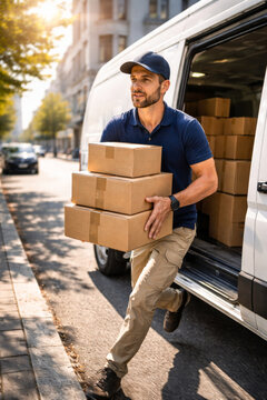 Delivery man carrying boxes from van on city street