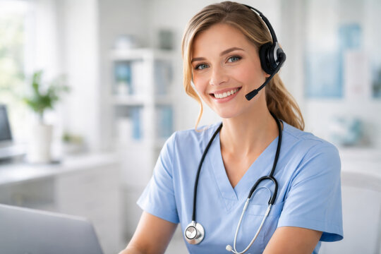 Smiling nurse in scrubs using headset and laptop at clinic