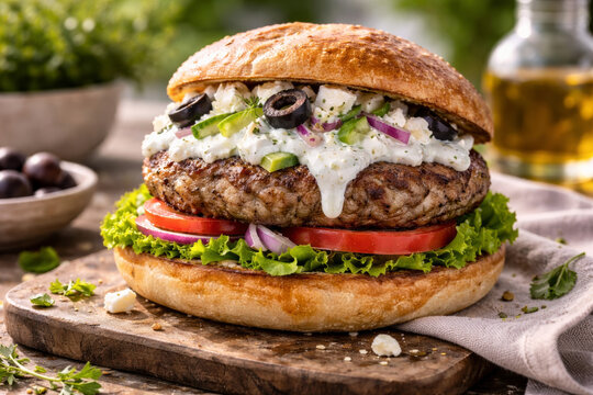 Delicious gourmet burger with fresh toppings on wooden board
