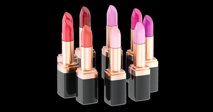 Lipsticks in assorted shades rotation animation seamlessly loopable. 3D rendering isolated on transparent background