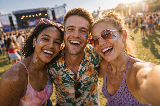 Friends enjoying vibrant music festival with smiles and glitter