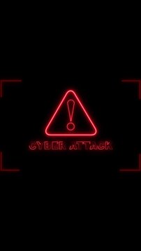 Neon warning sign indicates cyber attack on digital matrix. Cyber attack warning visualizes security themes. Cyber attack warning enhances visuals with modern design.