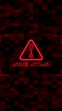 Neon warning sign indicates cyber attack on digital matrix. Cyber attack warning visualizes security themes. Cyber attack warning enhances visuals with modern design.