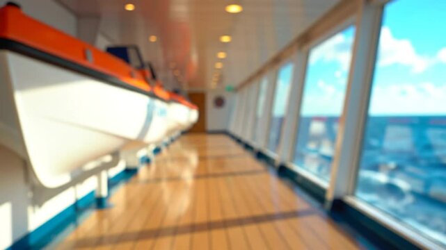 Blurred view of a cruise ship interior with lifeboats along the corridor and ocean outside windows on a sunny day