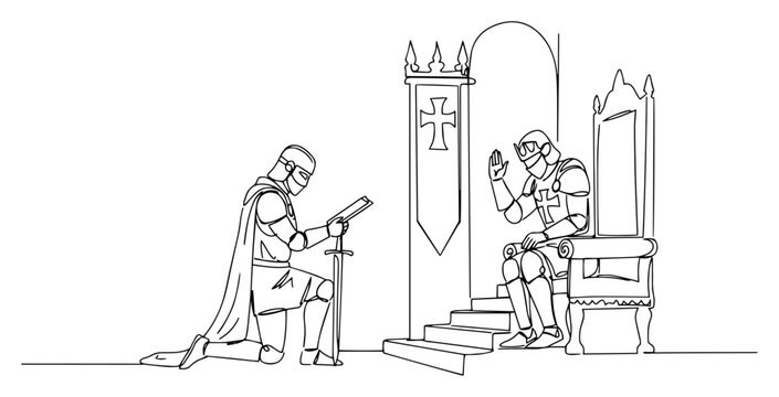 Medieval knight kneeling before king on throne continuous line drawing, royal court ceremony and chivalry concept, historical castle scene