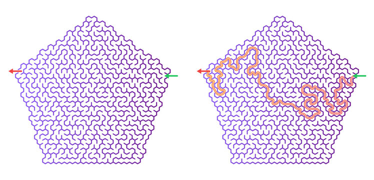 Abstract geometric shapes with detailed purple and orange patterns - Concept of Maze challenge with answers  