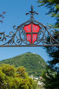 Lugano city official coat of arms emblem with red and white cross in Ticino Switzerland