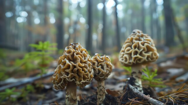 Three morel mushrooms growing on the forest floor.