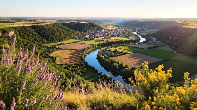 Scenic aerial view of a river winding through a valley with farmland and a village in the distance during daytime