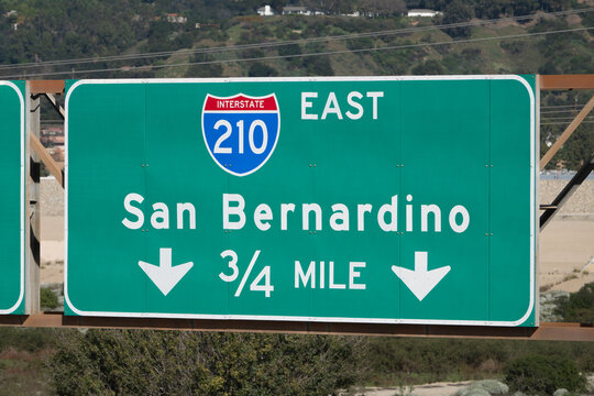 210 Freeway east to San Bernardino overhead highway sign near Los Angeles, California.  