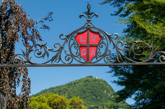 Lugano city official coat of arms emblem with red and white cross in Ticino Switzerland