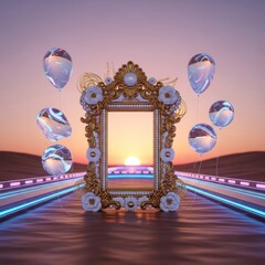 Fototapeta premium An ornate candy frame stands in a high-tech desert racing arena while luminous holographic balloons float under a futuristic sunset sky, digital, balloons, vibrant