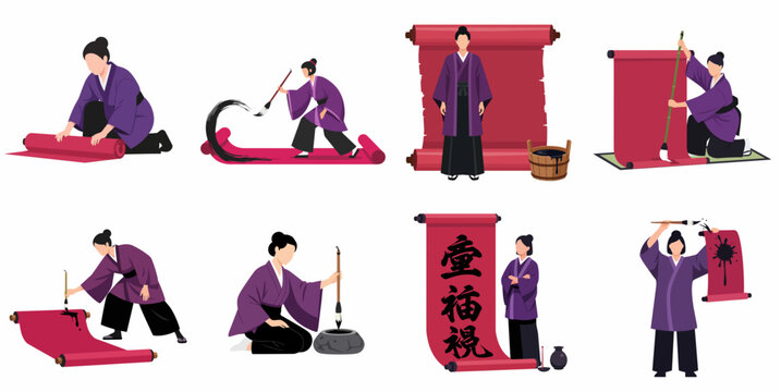 Flat vector illustration set of a woman practicing traditional Asian calligraphy on large red scrolls