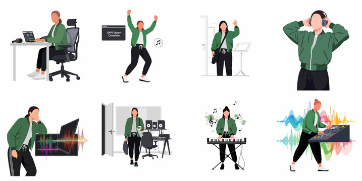 Vector illustration set of a female music producer working in a home studio, mixing audio, and playing keyboard