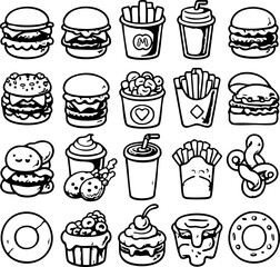 Obraz premium Fast Food Burgers and Fried Potatoes Aura A Highly-Detailed Culinary Line Art Illustration with Aesthetic Logo Simbol Decorations and Restaurant Frames