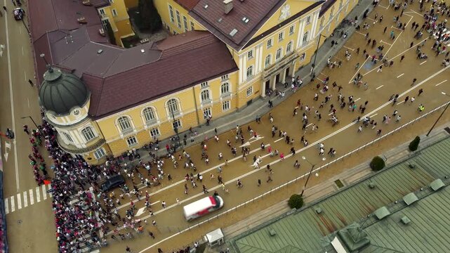 Large Crowd Walking Near Historic Building in Sofia, Aerial View