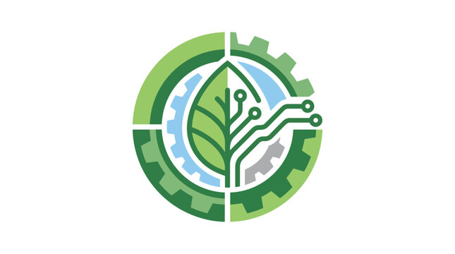 Green leaf with circuit patterns inside industrial gear circular frame logo design
