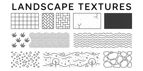 Architectural landscape CAD hatch texture collection featuring concrete, gravel, asphalt, grass, stone, soil and water surface patterns for floor plan vector illustration © JIm Studio