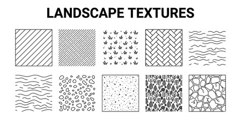 Architectural landscape texture hatch collection with concrete pavement grass gravel water and stone patterns. CAD surface materials for urban planning and garden vector illustration. © JIm Studio