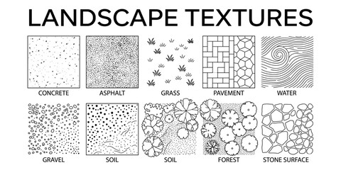 Landscape architecture CAD texture pattern set. Concrete asphalt grass pavement water gravel stone hatch surfaces for urban planning, garden layout and architectural vector illustration. © JIm Studio