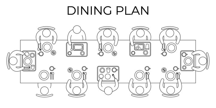 Architectural dining people CAD block set. Top view cafeteria seating, overhead meal table layout, restaurant crowd floor plan, minimal blueprint vector illustration