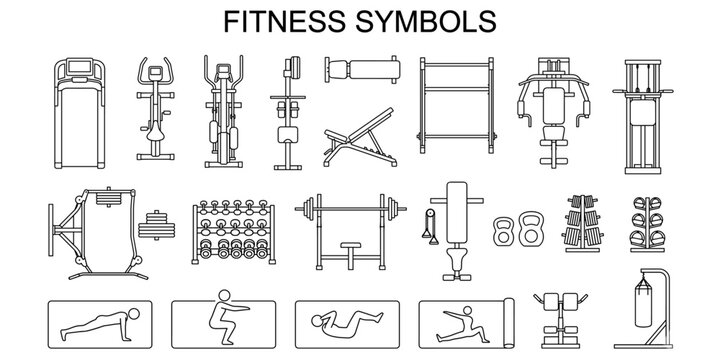 Gym equipment CAD vector illustration. Architectural fitness plan symbols with treadmill, exercise bike, weights and workout machines in minimal outline drawing set