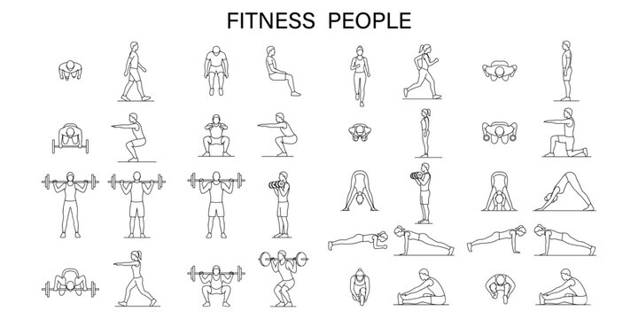 Architectural fitness people CAD drawing set with gym workout poses, top view and side elevation human figures for floor plan layout, exercise movement vector illustration