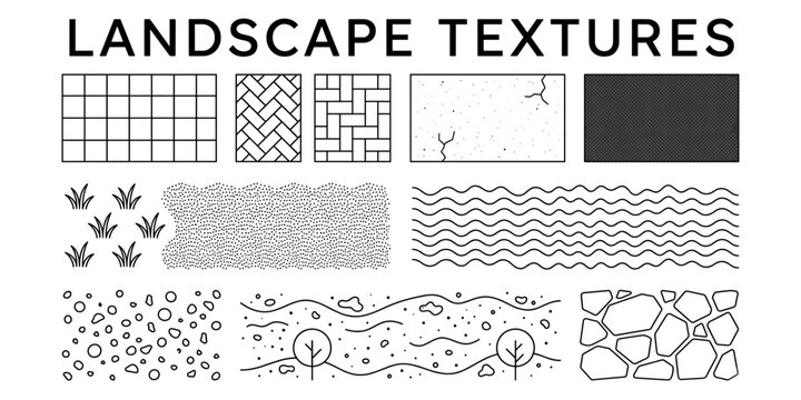 Architectural landscape CAD hatch texture collection featuring concrete, gravel, asphalt, grass, stone, soil and water surface patterns for floor plan vector illustration