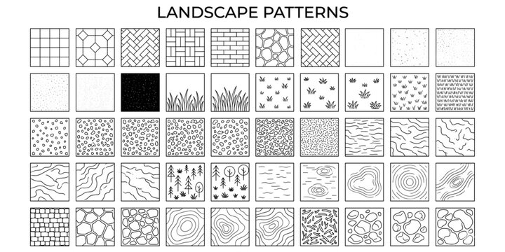 CAD landscape surface texture vector set for architecture layouts with grass, pavement, concrete, asphalt, gravel, stone, forest and water hatch patterns illustration