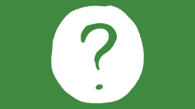 White chalk question mark circle icon drawn isolated on green screen chalkboard texture with hand-drawn simple faq or help support sketch cartoon animation for frequently asked questions element.