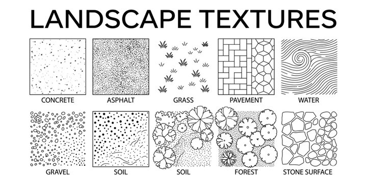 Landscape architecture CAD texture pattern set. Concrete asphalt grass pavement water gravel stone hatch surfaces for urban planning, garden layout and architectural vector illustration.