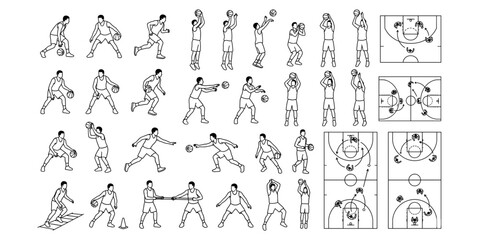 Naklejka premium Basketball athlete action vector illustration collection. Sports workout poses with ball handling, jump shot, teamwork, defense, and practice drills