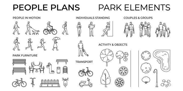 Architectural top view people vector illustration. Human figures for landscape planning, urban floor plans, outdoor park layouts and section drawings in minimal style.