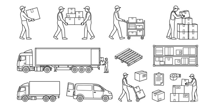 Warehouse worker CAD drawing set with people lifting boxes, carrying packages, stacking inventory, logistics delivery and industrial plan symbols vector
