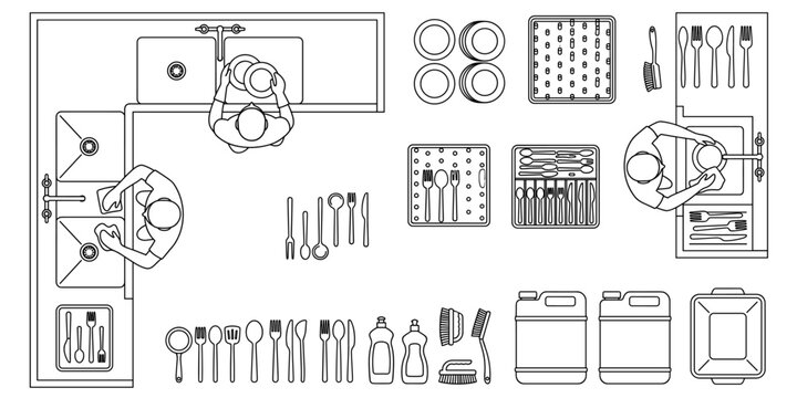 Commercial kitchen dishwashing station CAD top view with sink, workers, plates, racks, utensils and cleaning layout in architectural vector drawing