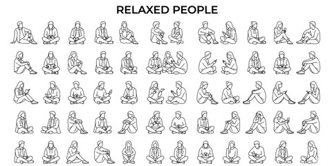 Obraz premium People sitting outline vector illustration. Relaxed ground poses, casual entourage figures for architectural interior scenes