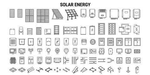 Solar energy CAD blocks vector illustration. Architectural PV panels, inverter, battery storage and electrical control box technical drawings © JIm Studio