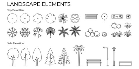 Landscape architecture CAD blocks vector illustration. Top view and elevation trees, palm, bench, streetlight, planter box, garden plan outlines © JIm Studio
