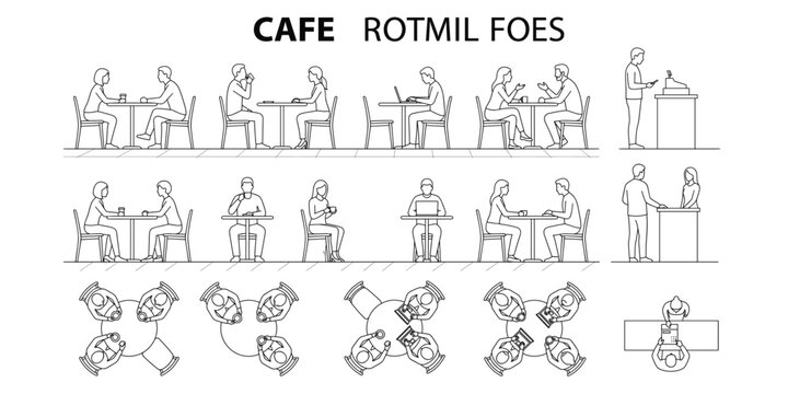 Cafe architectural people outline set with sitting, coffee drinking, laptop work, ordering, conversation, front side and top view vector illustration