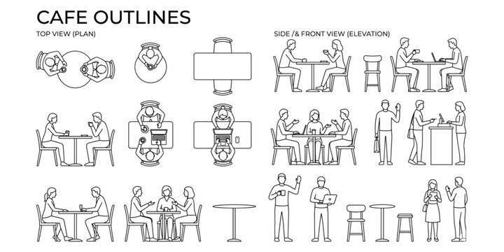 Architectural cafe activity people line drawings for floor plan, elevation, side view, front view, coffee table, laptop and ordering vector