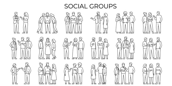 People talking outline vector illustration. Diverse group conversation figures for architecture entourage and social scene layouts