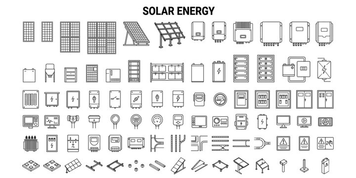 Solar energy CAD blocks vector illustration. Architectural PV panels, inverter, battery storage and electrical control box technical drawings