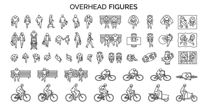 Overhead people icons vector illustration. Top view human silhouettes walking, sitting, cycling and moving for floor plan, landscape and urban maps