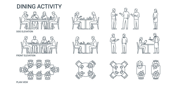Restaurant dining people vector illustration. Architectural human figures eating, waiter serving, talking groups, side front and top view floor plan