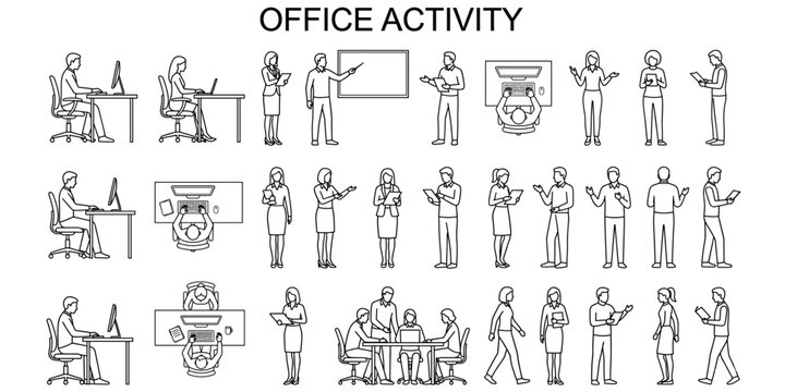 Office work people vector illustration. Architectural silhouettes at computer desk, laptop typing, presentation figures, elevation and floor plan views