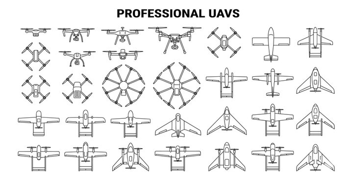 Professional drone CAD block set vector illustration. UAV aircraft top view, quadcopter and fixed wing blueprint symbols for mapping and surveillance