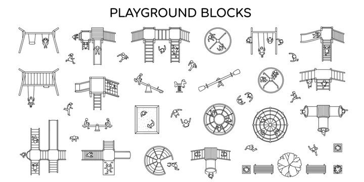 Children playground CAD blocks top view vector illustration. Kids playing, running people, architectural plan symbols for park layout and recreation design